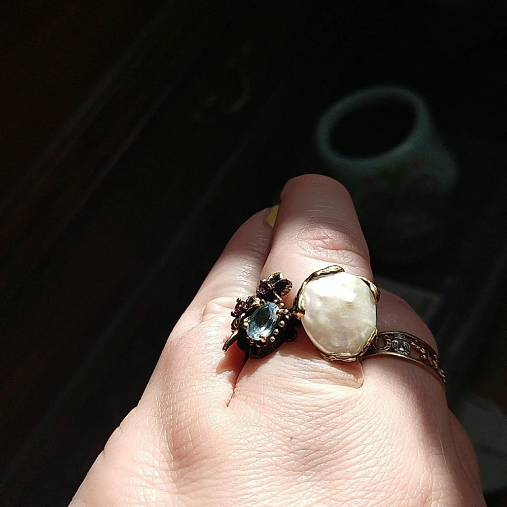 14k gold dipped 925 sterling silver oxidized coin pearl amethyst blue topaz ring - Picture 3 of 13